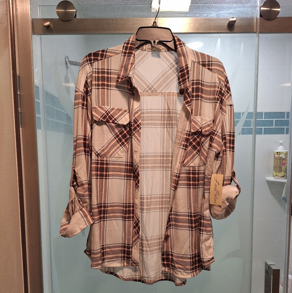 Beige & Brown Plaid Button-Up Shirt Buttery Soft And Stretchy